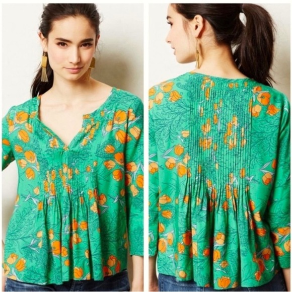 Vanessa Virginia Green & Orange Pintucked Poppy Swing Blouse - Picture 1 of 10